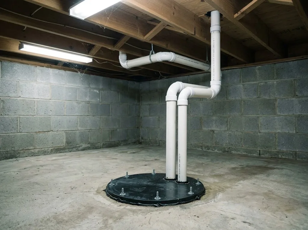 sewage ejector pump basin and vent stack in a St. Thomas basement