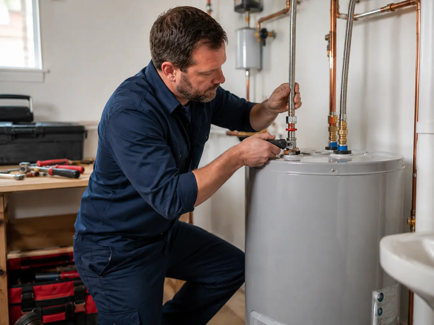 plumber installing a new hot water tank in St. Thomas